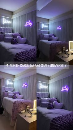 three pictures of a bedroom with purple and white bedding, lights on the headboard