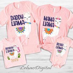 three pink shirts with llamas on them and the words daddy llama, mama lama