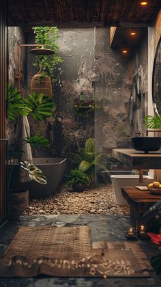 a bathroom with a tub, sink and toilet in it's center surrounded by greenery