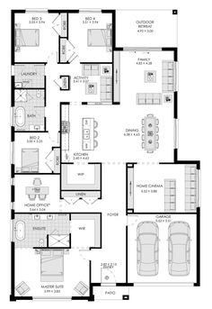 the floor plan for a two story house with three car garages and an attached living area