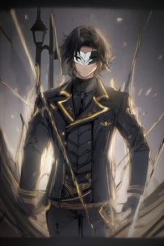 an anime character with black hair and gold accents