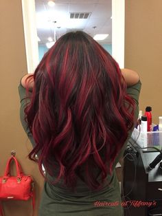 Best Hair Color For Brown Hair, Cherry Wine Hair Color Balayage, Red And Blonde In Brown Hair, Red Hair Bottom Half, Front Red Hair Streaks, Red Hilights Hair, Color To Dye Hair Ideas, Red Hair And Black Highlights, Pikaboo Highlights