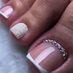 Gorgeous Blinged Out French Press On Pedicure Kit 86 All White Pedicure, White Nails Pedicure, White Pedicure With Rhinestones, White And Silver Pedicure Toenails, Acrylic On Toes, Wedding Toes For Bride, Bride Nails Wedding Elegant, Pedicure Francesa, Wedding Pedicure Ideas