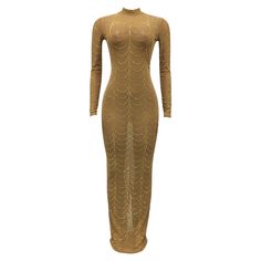 This Mock Neck Mermaid Hem Mesh Bodycon Dress is the perfect choice for making a statement. Crafted from a comfortable fabric and designed with a maxi length, long sleeves and beautiful rhinestone decor, it's a perfect piece to make you feel luxuriously elegant. Fit Type: Regular Fit Fabric: Medium Stretch Material: Polyester, Elastane Stretch Maxi Length Long Sleeve Party Dress, Stretch Full-length Long Sleeve Party Dress, Stretch Long Sleeve Long Dress For Party, Gold Long Sleeve Bodycon Dress, Glamorous Bodycon Long Sleeve Maxi Dress, Gold Long Sleeve Maxi Dress For Fall, Glamorous Gold Long Sleeve Maxi Dress, Embellished Long Sleeve Maxi Dress For Fall, Gold Fitted Long Sleeve Maxi Dress