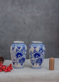 two blue and white vases sitting next to each other with berries on the ground