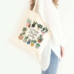 Watercolor Potted Plants, Crazy Plant Lady, Book Tote Bag, Monogram Tote Bags, Lady M, Custom Tote Bags, Monogram Tote, Casual Accessories, Plant Lady