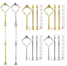 four different types of metal poles with handles and knobs on each end, all in gold