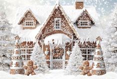 a gingerbread house in the snow with christmas decorations on it's windows and trees