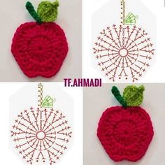 crocheted apple ornament in three different colors