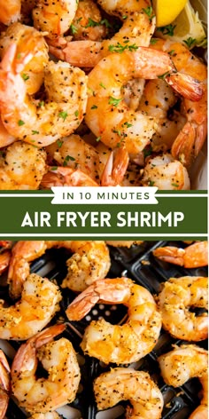 air fryer shrimp with lemon wedges and parsley on the side in 10 minutes