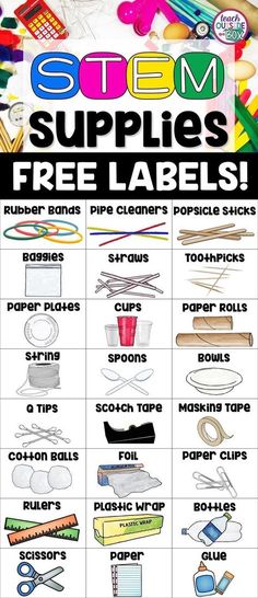 FREE STEM Supply Labels for Makerspaces, STEM Shelves, Cabinets, or Carts! | Classroom Organization | STEM Challenges Fun After School Activities For Kids, Stem Bins, Organization Supplies, Stem Centers, Kindergarten Stem