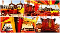 various pictures of an outdoor wedding venue with colorful decorations and draping on the ground