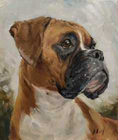 an oil painting of a brown and white boxer dog with his head turned to the side