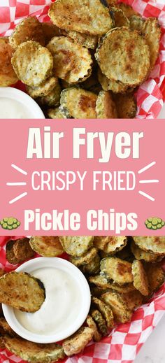 an air fryer crispy fried pickle chips with ranch dip in the middle