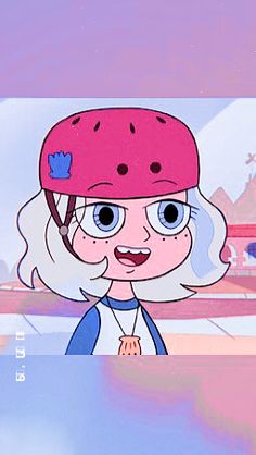 a cartoon girl with a pink helmet on her head