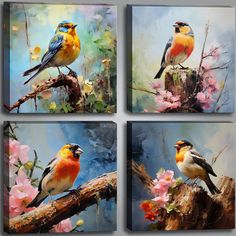 four paintings of birds sitting on branches with flowers