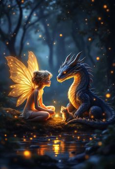 a fairy and a dragon sitting next to each other in the forest with fireflies