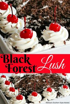 black forest lush cake with whipped cream and cherries