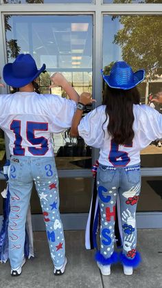 School Spirt Pants, Homecoming Diy Pants, Senior Pants Ideas High Schools, Football Game Pants Painted, Senior Jeans Painted 2023 Back, Senior Jeans Orange And Blue, Hoco Spirit Pants Ideas, Cute Homecoming Pants Ideas, Hoco Painted Jeans Ideas