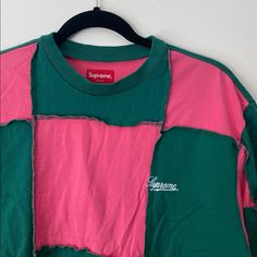 Supreme Tee - Pink And Green, Fits Oversized! Size: Medium Never Worn, Brand New! #Supreme Green Patchwork Top For Streetwear, Pink Oversized Long Sleeve T-shirt, Pink Oversized Sporty Top, Sporty Oversized Pink Top, Pink Patchwork Crew Neck Top, Pink Patchwork Cotton T-shirt, Pink Cotton Patchwork T-shirt, Pink Crew Neck T-shirt With Patchwork, Pink Patchwork Short Sleeve T-shirt