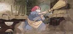 an animated image of a person with a broom