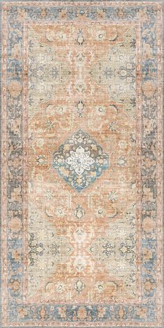 an orange, blue and beige area rug