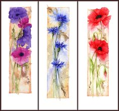 three watercolor paintings of red, purple and blue flowers