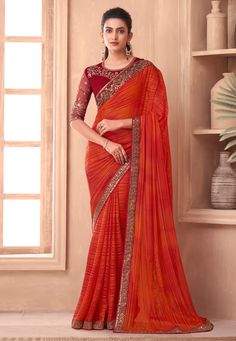 Silk Saree with blouse in Orange colour 1113  Desc:  Color : Orange Fabric : Silk Work : Embroidery Wash Care : Dry clean Sleeve Style : Elbow Sleeve Long Sleeves : Done only in Custom Stitch Sleeves Lining : Done only in Custom Stitch Bust Size : 32 to 42 Inches Occasion : Wedding   Festival   Kitty Party   Sangeet   Party Wear   Engagement   Reception   Ceremonial. With Express Free Shipping and Custom Stitching, Buy Indian Party wedding and bridal Sarees Silk Saree with blouse in Orange colou Saree Bollywood, Orange Saree, Kurti Designs Latest, Saree Silk, Indian Sarees Online, Silk Saree Blouse, Red Saree, Wear Saree, Chiffon Saree