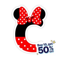 the minnie mouse sticker is red and black with polka dots on it's ears