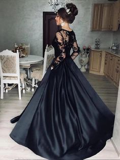 A-Line/Princess Satin Lace Bateau Long Sleeves Sweep/Brush Train Dresses Princess Dress Prom, Wednesday Addams Family, Black Lace Evening Gown, Long Sleeve Ball Gowns, Satin Ball Gown, Gown Princess, Gothic Wedding Dress, Lace Evening Gowns, Goth Wedding