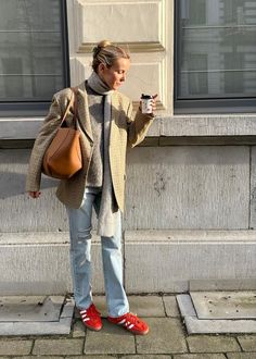 Polene bag | Adidas Samba | @josefeinweyns Scandi Street Style 2023, Red Trainers Outfit, Red Adidas Shoes Outfit, Red Gazelle Adidas Outfit, Adidas Gazelle Red, Red Sneakers Outfit