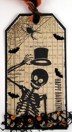 a halloween tag with a skeleton wearing a top hat