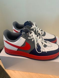 Description : Blue white red and gray custom Air Force 1s Women's Size 12 Item Number : P1 Category : Sneakers Brand : Nike Air Force 1s, Size 12 Women, Sneaker Brands, Red And Grey, Red Shoes, Item Number, Air Force, Blue White, Force