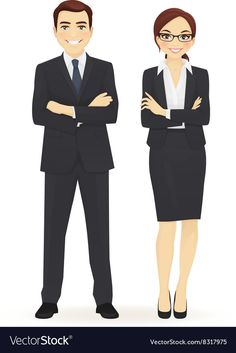 two business people standing next to each other with their arms crossed and looking at the camera