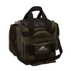 a green and black duffel bag on a white background