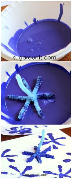 two pictures of blue and white paper plates with snowflakes on them, one in the