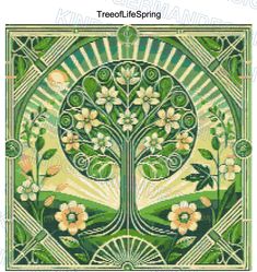 the tree of life cross stitch pattern is shown in green, yellow and white colors