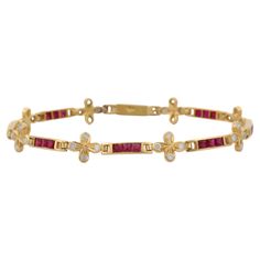 This Ruby Diamond Link Bracelet in 18K gold showcases 2.75 carats of endlessly sparkling natural ruby and 1.01 carats of diamond. It measures 7.25 inches long in length. Ruby improves mental strength. Designed with square cut ruby and diamond set in solid gold settings to make you stand out on any occasion or event. The elegant style complements the attire beautifully and is a perfect july birthstone bracelet, Engagement Gift, Bridal Shower Gift, Gift For Love, Gift For Sister, Mother Daughter G Luxury Yellow Gold Bracelet With Birthstone, Luxury Heirloom Jubilee Bracelet, Luxury Yellow Gold Bracelets For Valentine's Day, Luxury Ruby Elegant Bracelet, Precious Stones Bracelet, Gift For Love, Modern Bracelets, Mother Daughter Gifts, Mental Strength