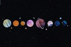 the solar system with eight planets and stars in it, all showing different colors on a black background