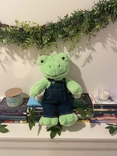 a green stuffed frog sitting on top of a pile of books next to a plant