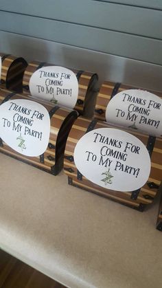 four trunks with thank you for coming to my party written on them