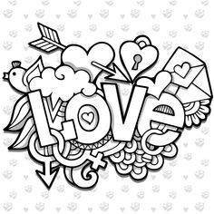 the word love written in black and white with lots of hearts, arrows, and other things