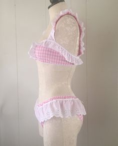 Cotton gingham Demi cut ruffled bikini bra with low rise ruffled brief. Frilly Swimsuit, River Mermaid, Aesthetic Swimsuit, Cute Pjs, Bodysuit Blouse, Ruffle Swimsuit, Fashion Aesthetics, Lingerie Sets, Cute Bikinis