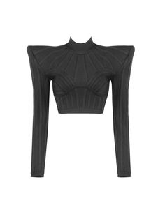 Charlotte Blacktop, textured Rayon, turtleneck, structured shoulders, long sleeves, zip fastening in back Fabric: 90% Rayon , 9% Nylon Bandage Crop Top, Crop Top Casual, Lady Grey, Shoulder Crop Top, Fashion Tees, Elegant Fashion, Full Sleeve, Types Of Collars, Shoulder Pads