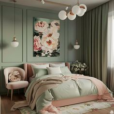 a bedroom with green walls and pink bedding