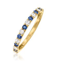 Ross-Simons - .30ct t. w. Sapphire, .24ct t. w. Diamond Ring in 14kt Yellow Gold. Size 8. Blue, brilliant and beautiful! This band boasts .30 ct. t. w. sapphire rounds alternating with .24 ct. t. w. round brilliant-cut diamonds in polished 14kt yellow gold. 1/16" wide. Diamond and sapphire ring. Sapphire birthstones are the perfect gift for September birthdays. Diamond And Sapphire Ring, Sapphire Birthstone, September Birthday, Ring Sapphire, Round Brilliant Cut Diamond, Round Brilliant Cut, Round Brilliant, Sapphire Ring, Diamond Ring