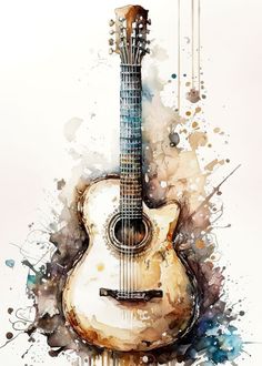 an acoustic guitar with watercolor splashs on it