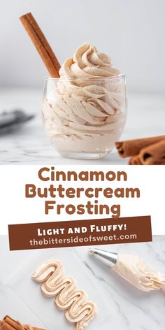 cinnamon buttercream frosting in a glass bowl with cinnamon sticks on the side