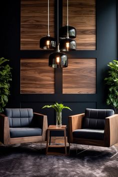 two chairs and a table in a room with wood paneling on the wall behind them