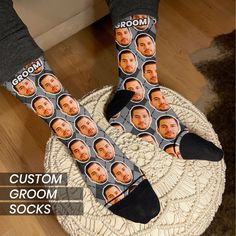 "These personalized groomsmen socks set are the perfect addition to your wedding and/or wedding party. Make this day even more memorable by personalizing each unique pair of socks with a face and title (ex:Groomsman, Groom, Father of Groom, etc) on the cuff of the socks. We got inspired to do these socks by adding more individuality to this special moment of a couple's life. We know there are a lot of these socks out there, but we took the time to find as many different colors of socks as possib Custom Bridal Party Gifts, Groom Socks, Groomsmen Socks, Groom Gifts, Groomsmen Gifts Personalized, Personalized Socks, Groomsman Gift, Custom Socks, Custom Bridal